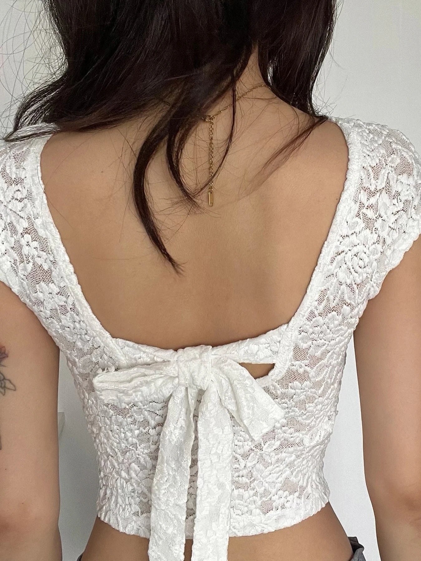 Cyflymder  Holiday Slim Lace Backless Bandage Cropped T-Shirt See Through Sexy O-Neck Short Sleeve Tees Women 2025 Summer Fashion