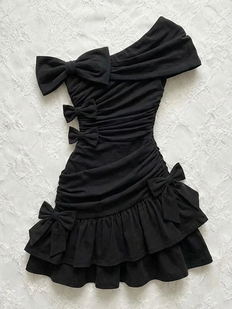 Cyflymder   Y2K Sexy Black Off Shoulder Sweet Mini Dress Women Bow Ruched Bodycon Cute Ruffle Party Dresses New Streetwear Vintage Clothing