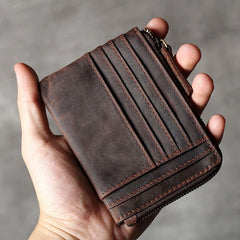 Cyflymder Handmade Vintage Crazy Horse Leather Mens Designer Wallet Slim Zipper Coin Bag ID VIP Credit Card Holder Small Simple Pouches