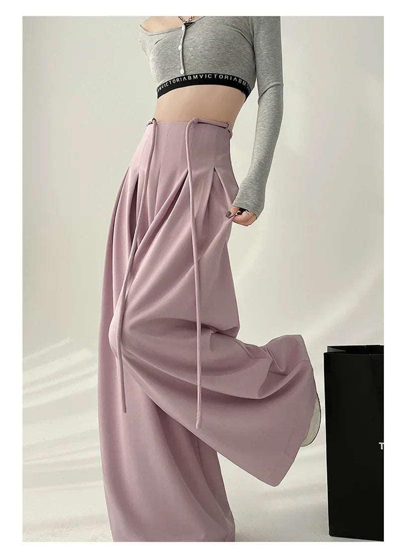 Cyflymder  Streetwear Wide Leg Pants Women Korean Black High Waist Suit Pants Summer Fashion Elegant Lace Up Straight Trousers New