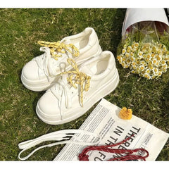 Cyflymder  White Sneaker Women New Style Thick-soled Heightening Round-Tip Lace-up Fashion Casual Multi-purpose Platform Shoes，35-40