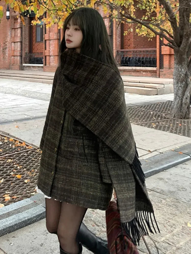 Cyflymder Autumn/Winter New Retro Plaid Cloak Shawl Woolen Coat Women Winter Clothes Korean Style Chic Loose Wool Outerwear Women Top