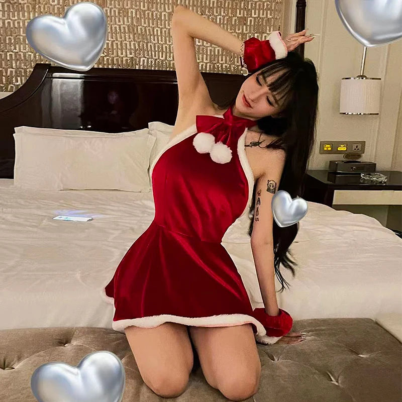 Cyflymder  Sexy Christmas Outfit Santa Claus Cosplay Cheongsam Style Red Dress Chinese New Year Tempting Dresses Party Performance Clothing
