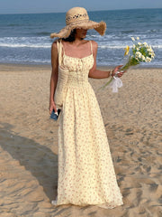 Cyflymder  Holiday Floral A-Line Dress Beach Style Slash Neck Sleevless Maxi Dresses For Women 2025 Summer Fashion Streetwear Lady