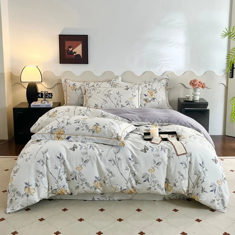 Cyflymder  100% Cotton Flowers Print Luxury Bedding Set Single Double Queen King Size Duvet Cover Flat/Fitted Bed Sheet Pillowcases 3/4Pcs