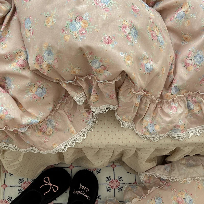 Cyflymder  Korean Princess Style Ruffles Flower Print Bedding Set Duvet Cover Set Bed Skirt Bedspread Pillowcases 100% Cotton Home Textile