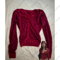 Cyflymder  Y2K Women Cropped Knit Cardigan Long Sleeve V‑Neck Button Sweater Hot Pink Leopard Print Slim Fit Retro 90s Streetwear Outerwear