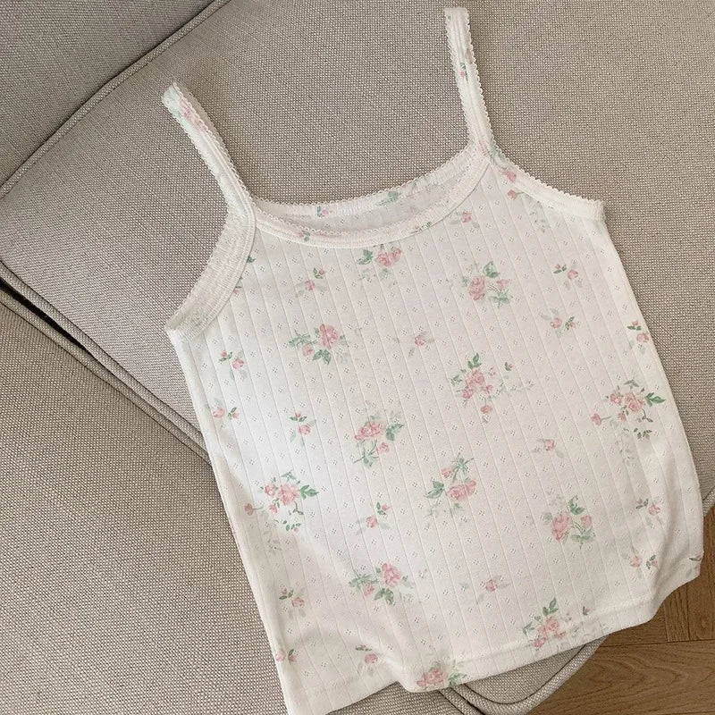 Cyflymder  Cotton Crop Top Women Summer Camis Floral Knitted Camis Hollow Out Cute Tops Sweet Girl Lolita Style Aesthetic Kawaii Clothes