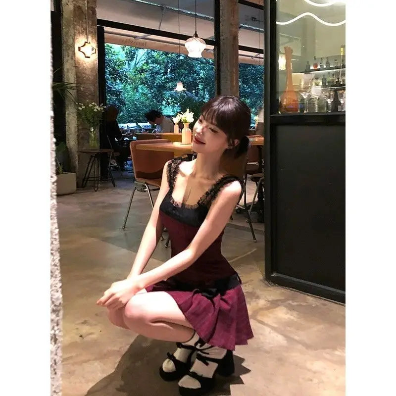 Cyflymder  2025 New Temperament Red Plaid Dress Summer Fashion Niche Design Sense Lace Camisole Pleated Women Dresses Trend
