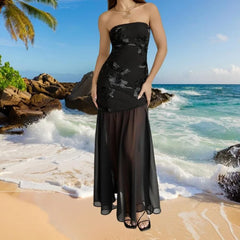 Cyflymder  Tube Top Dress Sexy Women Floral Print Floral Print Strapless Sheer Mesh Patchwork Dress Beach Party Dresses Clubwear