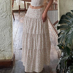Cyflymder  Casual Women's Floral Skirt Summer Vacation Elastic Waistband Long Skirt All Match Elegant Outfit Harajuku Boho Clothes