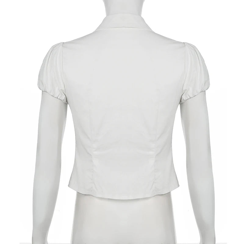 Cyflymder  Casual Solid Blouse Basic Slim Deep V-Neck Turn-Down Collar Short Sleeve Shirts Women 2025 Summer Fashion Streetwear