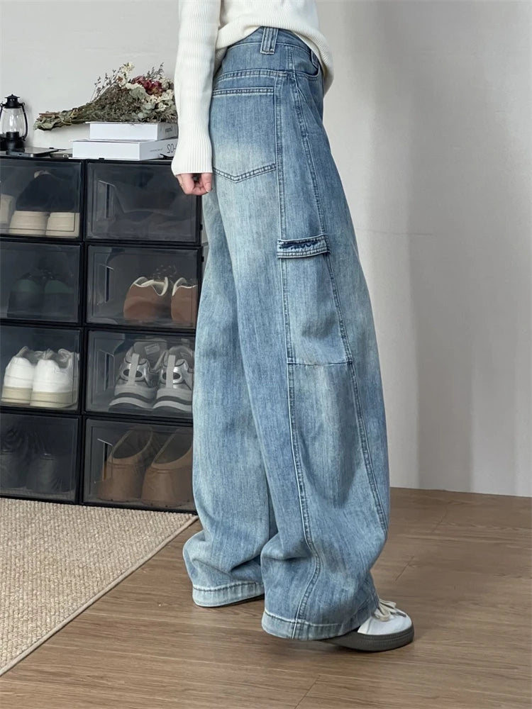 Cyflymder  Women' Curved Straight Wide Leg Light Blue Jeans Young Girl Denim Trousers Vintage Street Style Bottoms Female High Waisted Pant