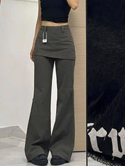 Cyflymder  Harajuku Patchwork Women Flared Pants Vintage High Waist American Style Fake Two Piece Trousers Y2k Baggy Solid Gyaru