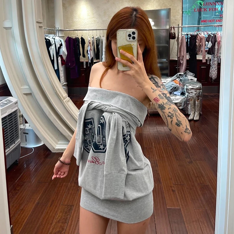 Cyflymder  Basic Casuals Letter Print Dress Women Autumn Slash Neck Full Sleeve Chic Trend Elastic Streetwear Daily Mini Bodycon