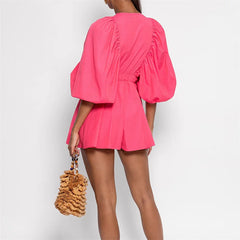 Cyflymder  Women Playsuit y2k Clothes Solid Color/Plaid Print V Neck Bubble Sleeve High Waist Short Jumpsuit Romper Streetwear