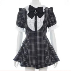 Cyflymder DRESS TO IMPRESS Japanese Style Gothic Y2k Lolita Plaid Rhinestone Bow Dress Shorts Set Sweet Women Puff Short Sleeve Button Shirt Party Dresses