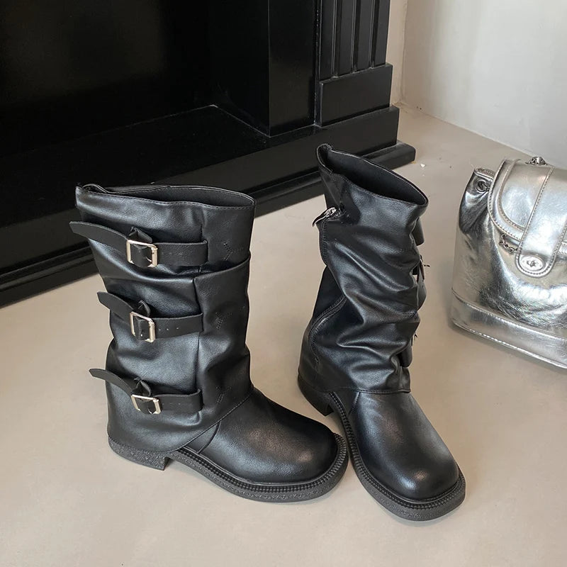 Cyflymder  Vintage Slip On Women Western Cowboy Boots Fashion Belt Buckle Autumn Winter Female Casual Low Heel Short Booties