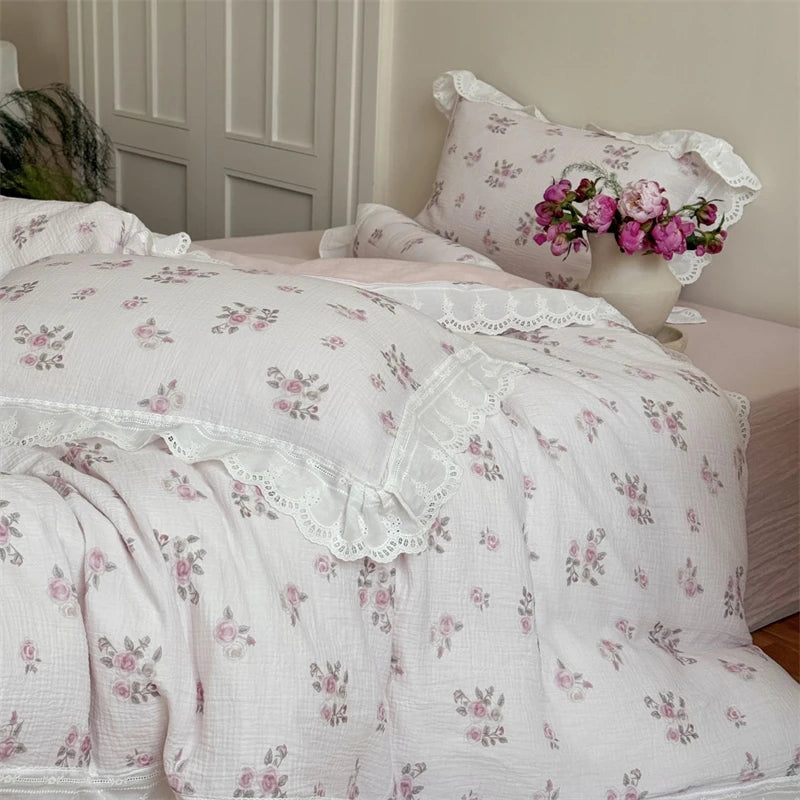 Cyflymder  Flowers Print Lace Ruffles Bedding Set 100% Cotton Double Layer Yarn Soft Duvet Cover Bed Sheet/Fitted Sheet Pillowcases 4Pcs