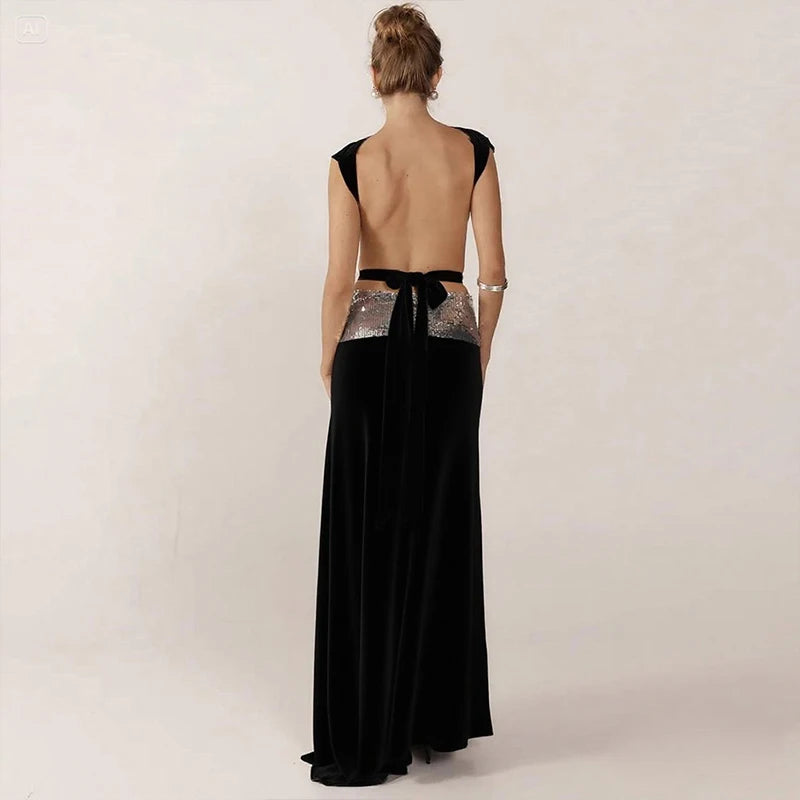 Cyflymder  Elegant Shiny Splicing Slim Suit Fashion O-neck Cross Hollow Tops & Long Skirt Set Women Casual Sleeveless Solid 2 Piece Outfits