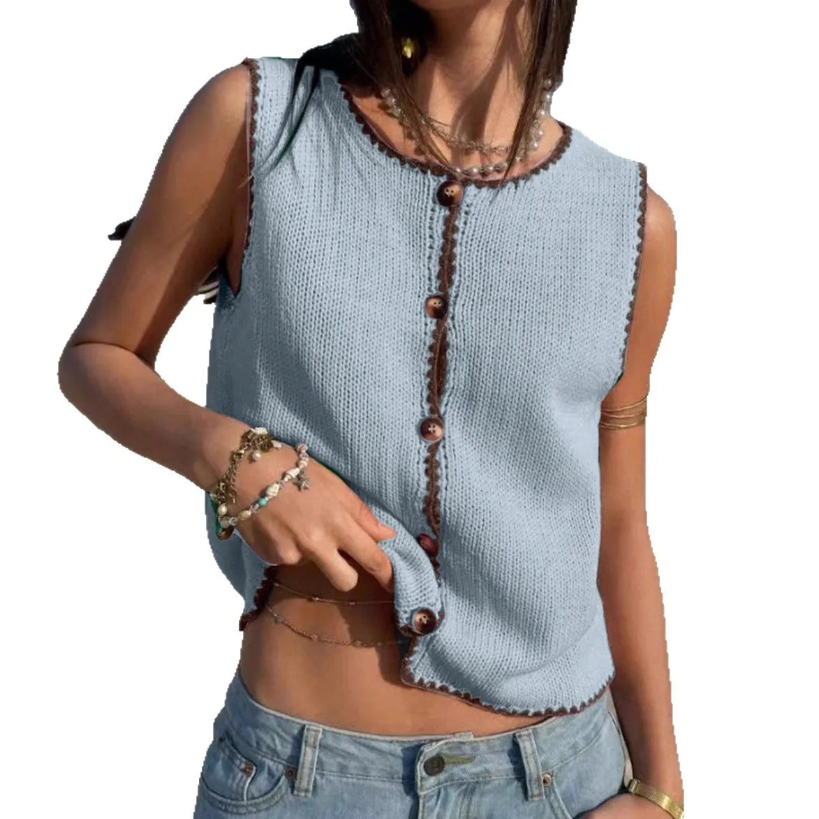 Cyflymder  Summer New Women's Clothing Contrasting Color Hook Edge Vest Sleeveless Spice Girl Sweater