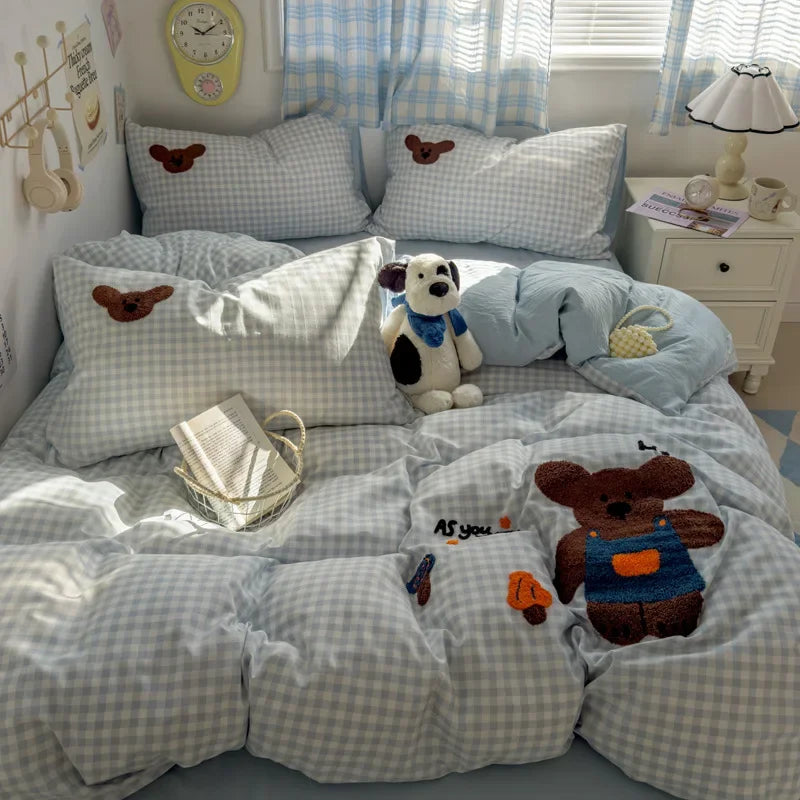 Cyflymder  new student cartoon washed cotton towel embroidered three or four-piece set bed sheet quilt cover mattress bedding