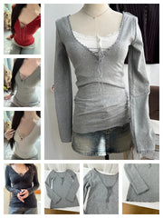 Cyflymder  Lace Trim V-neck T-shirts Women Autumn New Sexy Streetwear Slim Lace-up Long Sleeve Tees Sweet Chic Preppy Style Tshirt Y2K