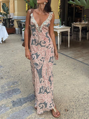 Cyflymder  New Retro Dress Women Lingerie Style Printed Dress Summer Lace Decoration Sleeveless Elegant Party Dress