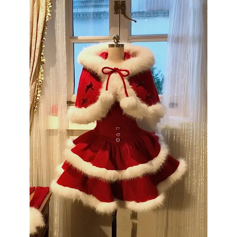 Cyflymder  Christmas Red suit Velvet Cake Puff Women's Dress Set Winter French Lady Princess Two Piece Outfit coat