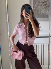 Cyflymder  Chic Bow Knitted Short Texture Top Women Fashion Turn Down Collar Hollow Cardigan Knitwear Summer 2025 New Short-sleeved Tops