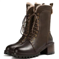 Cyflymder   Autumn Winter Fleece-Lined Lace-up Ladies Mid Calf Shoes Warm Round Toe Middle Heel Women's Half High Boots New in Footwear
