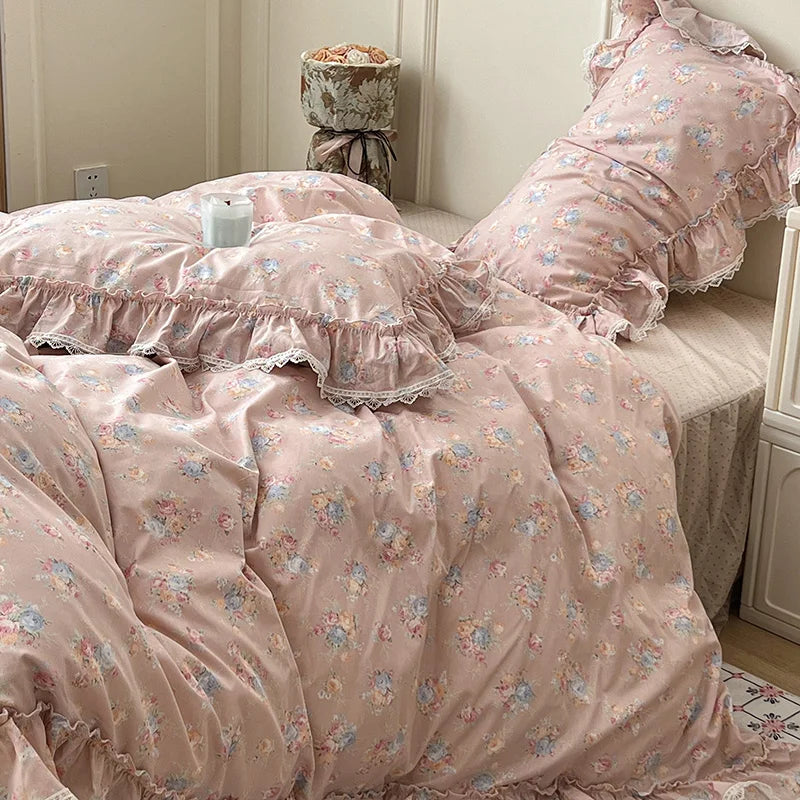 Cyflymder  Korean Princess Style Ruffles Flower Print Bedding Set Duvet Cover Set Bed Skirt Bedspread Pillowcases 100% Cotton Home Textile