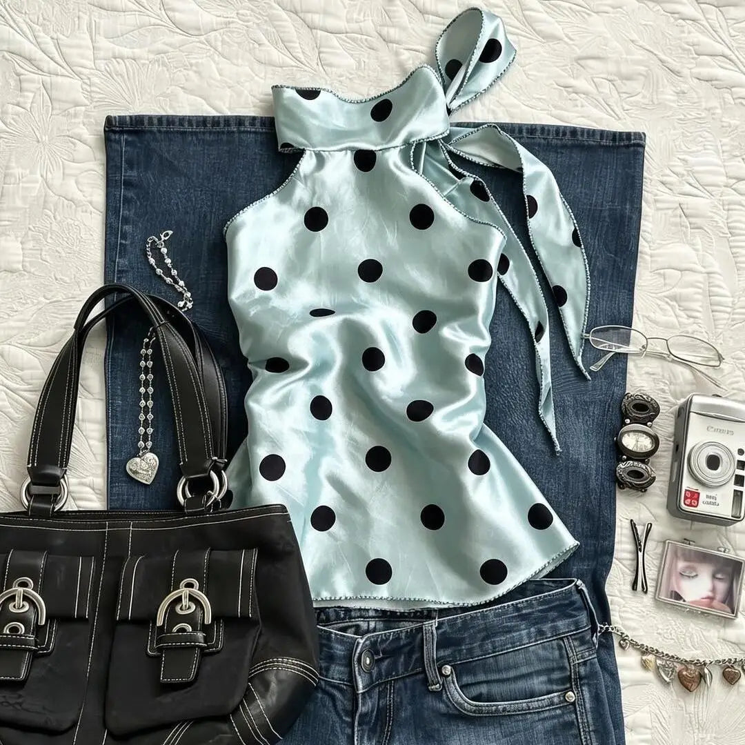 Cyflymder  Polka Dot Halter Sweet Y2k 2000s Summer Crop Top Vintage Sleeveless Slim Woman Clothes Tanks Top Fashion Hot Girl Emo Tees Chic