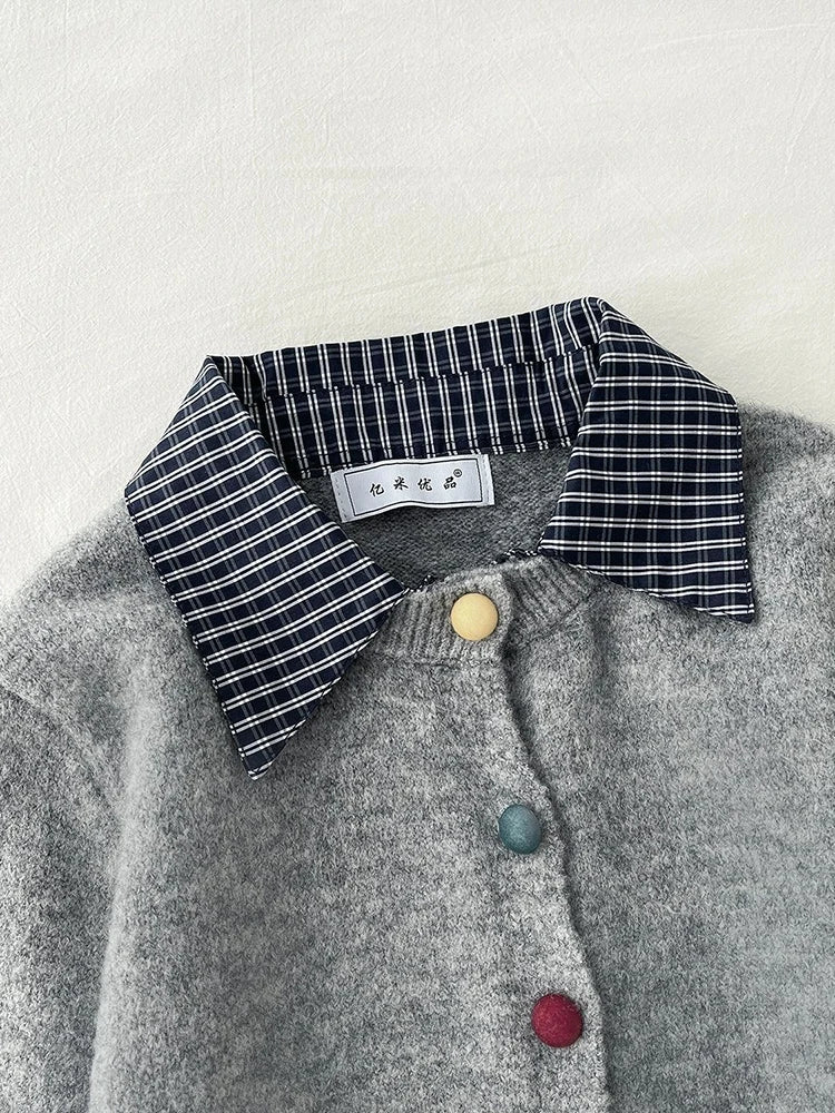 Cyflymder  Retro Patchwork Cardigan Sweaters Women Loose Casual Korean Knitted Coat Vintage Long Sleeve Design Buttons Sweet Gray Top