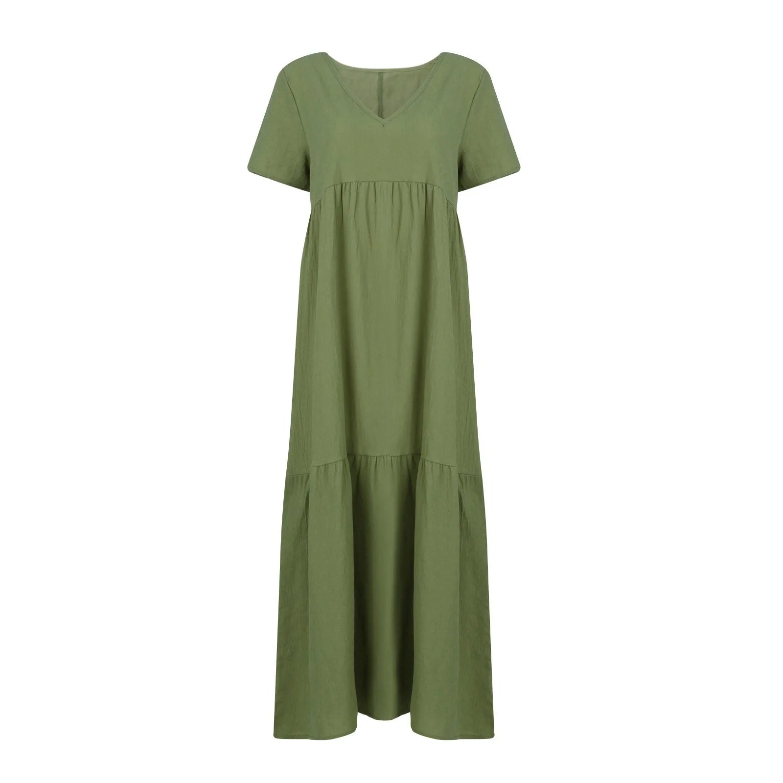 Cyflymder  Casual Summer V-Neck Short Sleeve Pleated Solid Color Casual Midi Dress Hem Loose Dress Loose Large Swing Short-sleeved Dress