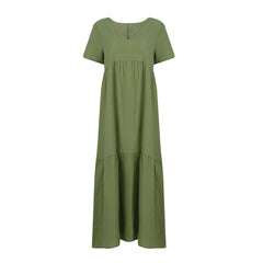 Cyflymder  Casual Summer V-Neck Short Sleeve Pleated Solid Color Casual Midi Dress Hem Loose Dress Loose Large Swing Short-sleeved Dress