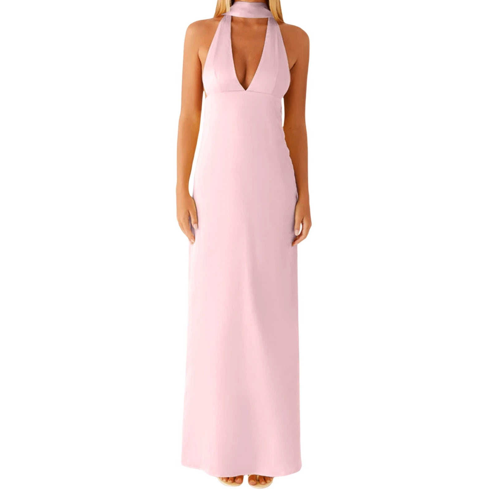Cyflymder  Elegant Maxi Dress with Boho Floral Print and Halter Neckline Sexy Backless V-Neck Sleeveless Dress for Summer Beach Party