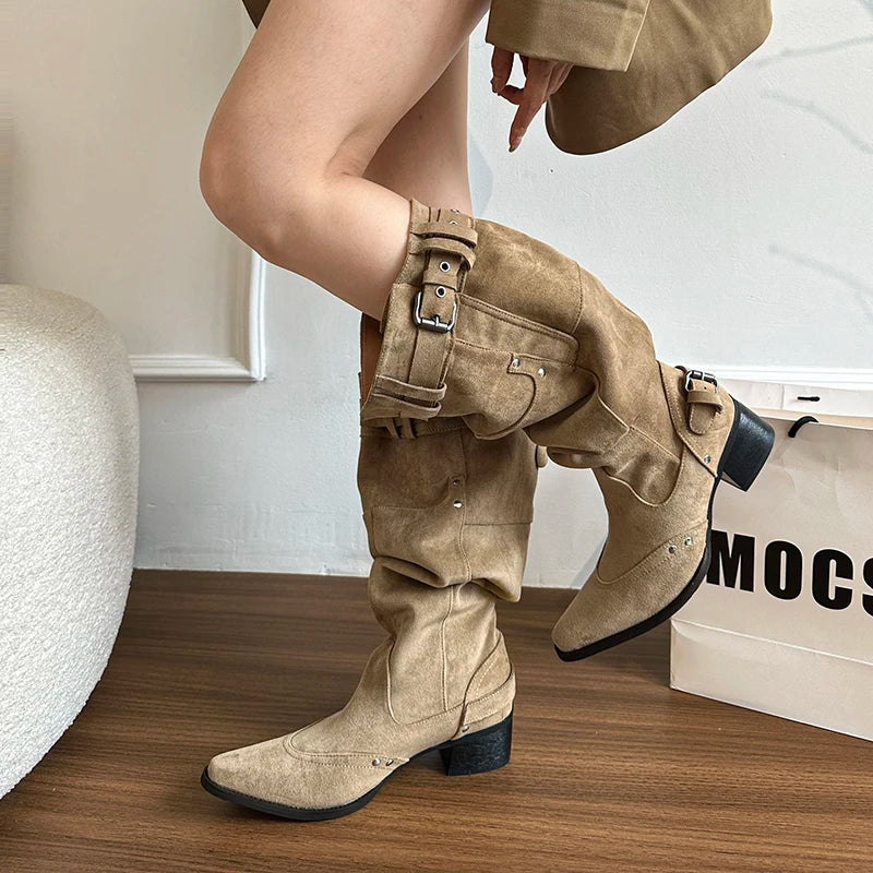 Cyflymder  Autumn Winter Pleated Women Western Cowboy Boots Vintage Square Low Heels Shoes Female Belt Buckle Long Booties