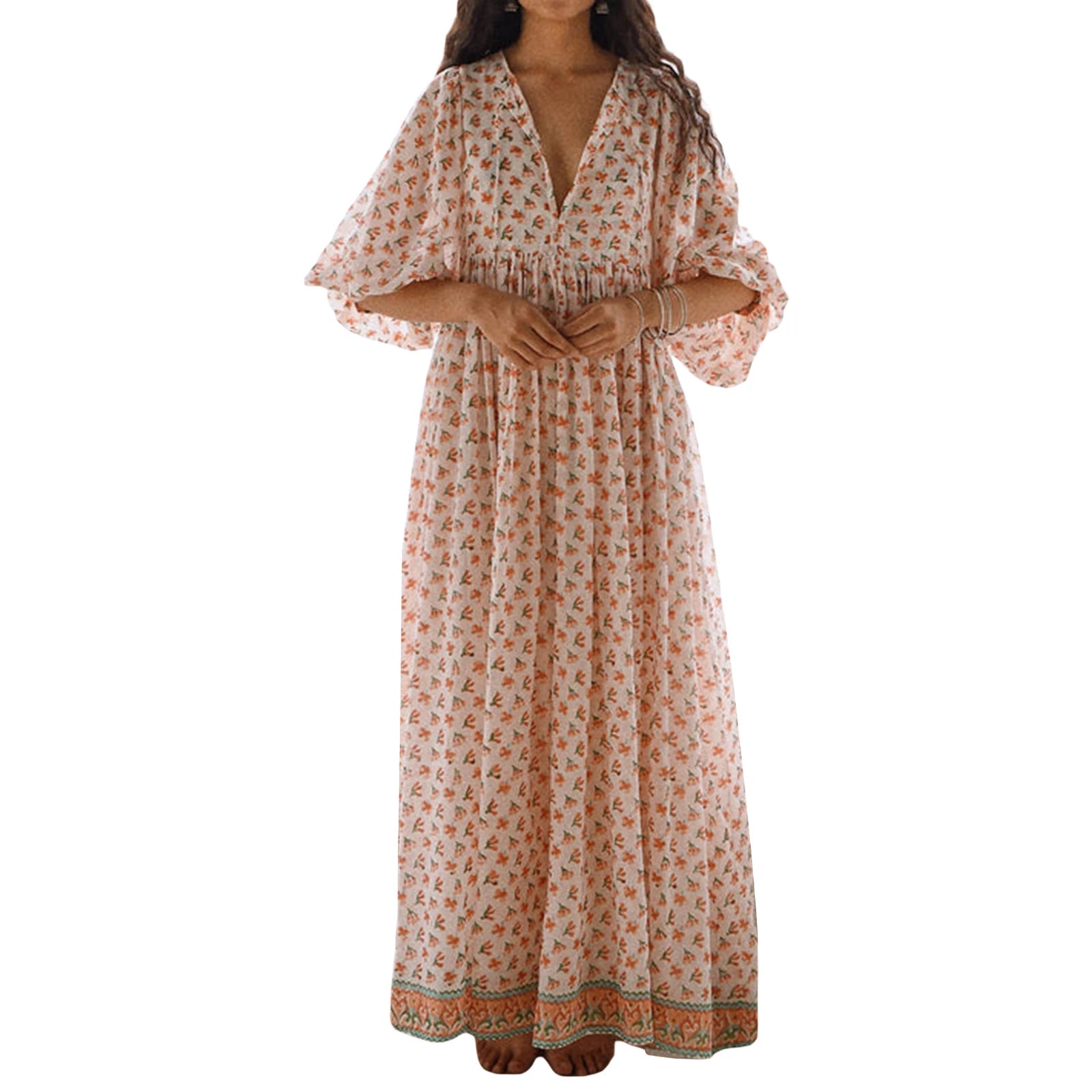 Cyflymder  Elegant Maxi Dress with 3 4 Sleeves V Neckline and Floral Print - Stylish Loose Fit Summer Dress for Casual Wear