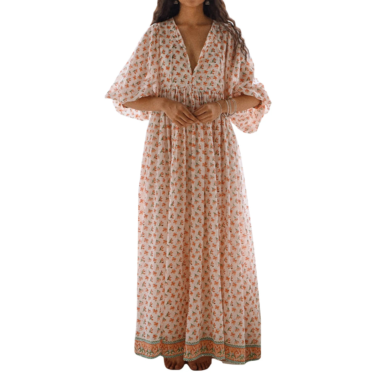 Cyflymder  Elegant Maxi Dress with 3 4 Sleeves V Neckline and Floral Print - Stylish Loose Fit Summer Dress for Casual Wear