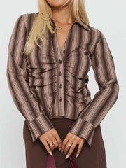 Cyflymder  Women s Casual  Fit Button Down Shirt with Stylish Striped Lapel and V Neck Design Perfect for Fall Season