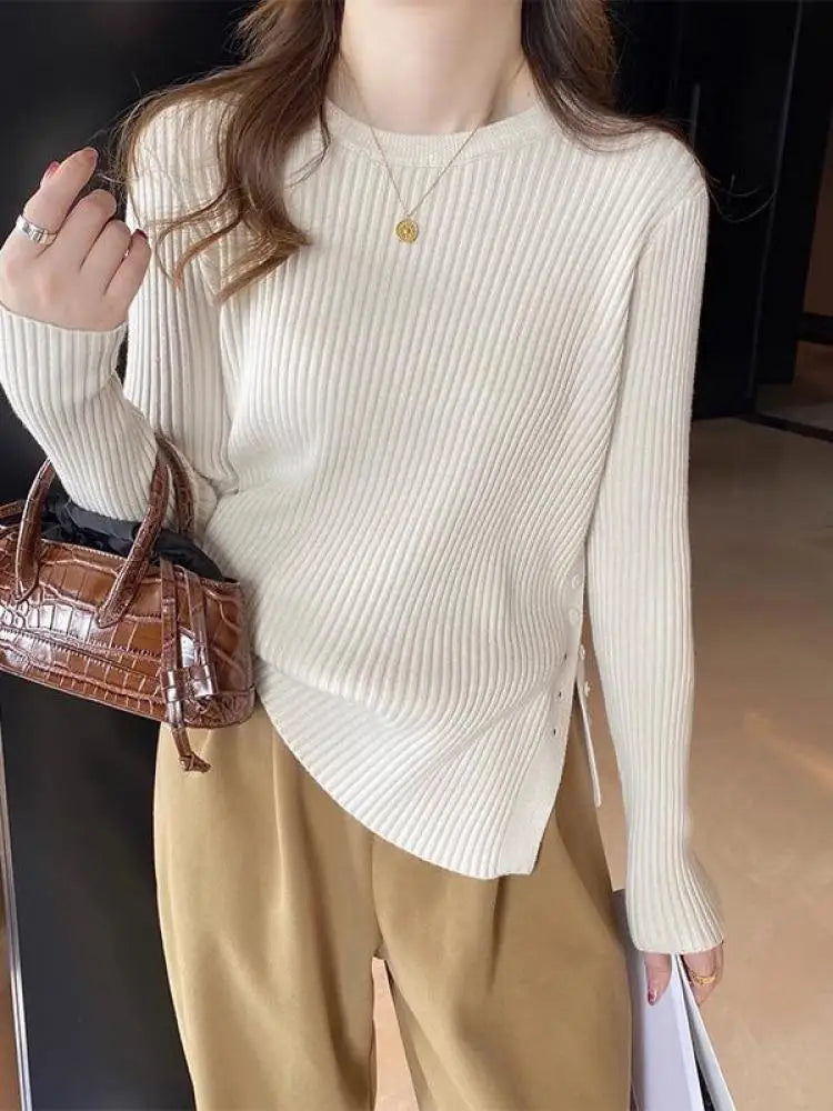 Women Sweater Pullovers Khaki Casual Autumn Winter Split Fork Button Chic Sweater Female Slim Knit Top Soft Jumper Tops