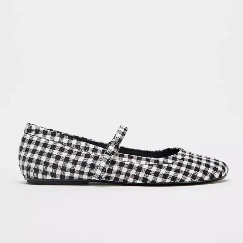 Cyflymder  Luxury Designer Plaid Print Ballet Flats for Women Comfort Round Toe Buckle Soft Sole Mary Jane Shoes Elegant Banquet Party Shoe