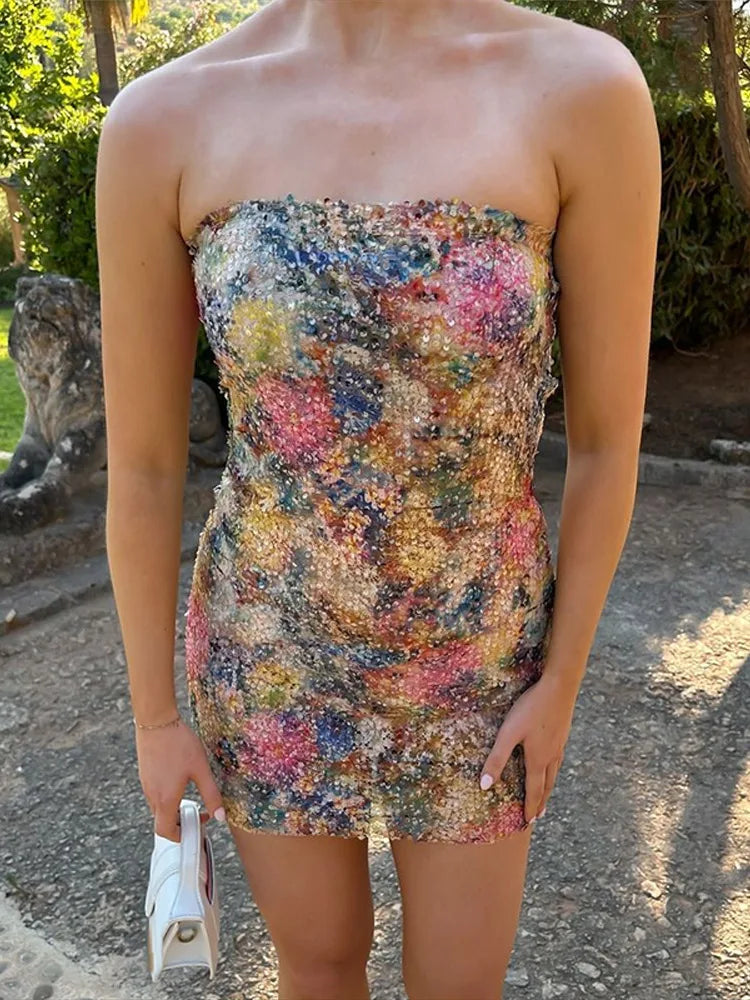 Cyflymder  Sexy Print Sequined Women Dress Beach Sleeveless Backless Hip Package Zippers Dresses 2025 Summer Fashion Lady Streetwears