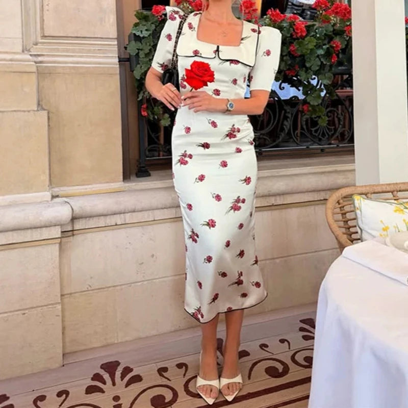 Cyflymder  Fashion Floral Print Vacation Party Dress Women Casual Hight Waist Slim Long Dress Elegant Square Collar Short Sleeve Bohe Dress