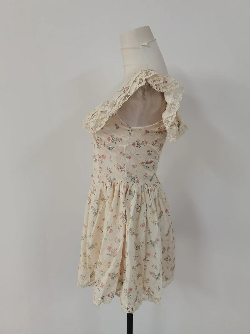 Cyflymder  French Style Hot Girl Floral Dress Women's Spring Lace Slim Fit Square Collar Strap A-line Short Dress Fashion Female Clothes