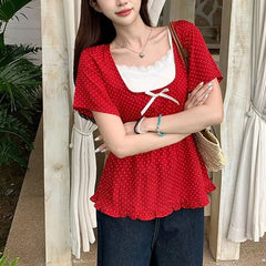 Cyflymder  Polka Dot Stylish Bow Waist Shirts Female clothing Two Piece Set Summer New Square Collar Vintage Short Sleeve Lace Folds Blouse