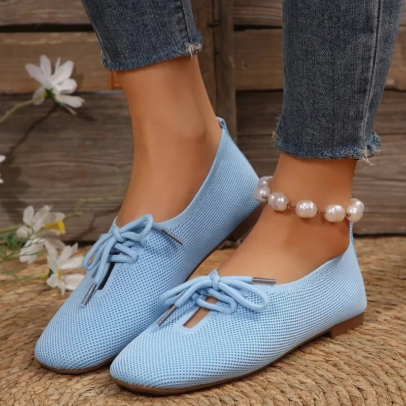 Cyflymder Autumn Mesh Breathable Women's Flat Shoes Solid Simple Ballet Flats Female Casual Lace-up Walking Shoes for Women