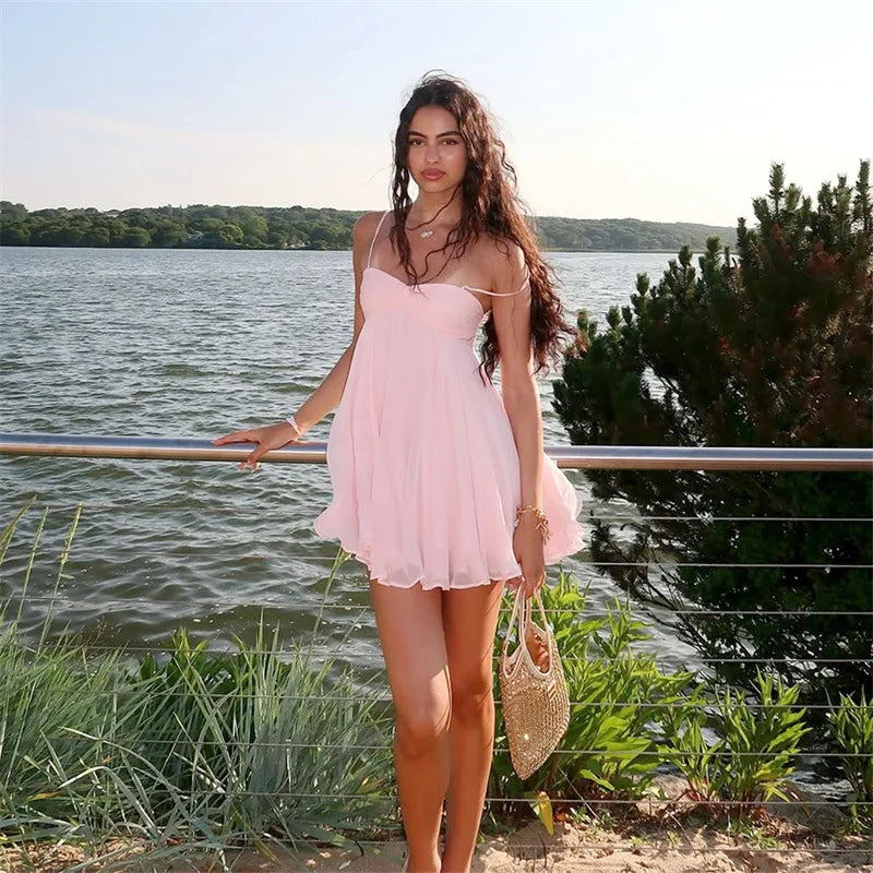 Cyflymder  Solid Camisole Chiffon Mini Dress Women Fashion Ruched Strapless Spaghetti Straps Backless A-line Holiday Party Outfits Clubwear