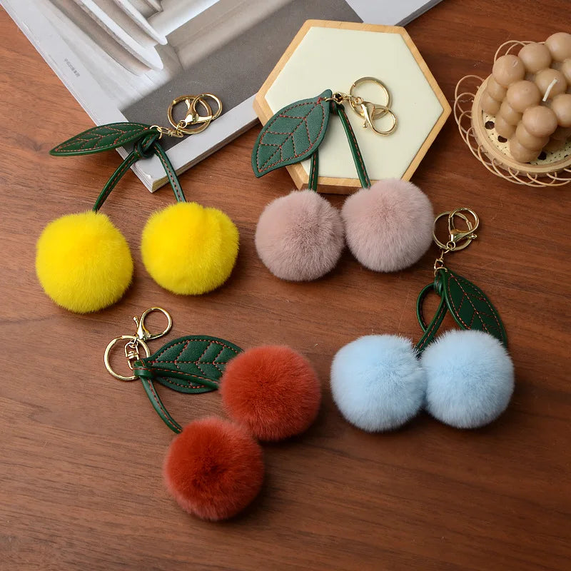 Cyflymder New Otter Rabbit Hair Cherry Multi-color Car Keychain Pendant Cute Pompom Doll Doll Bag Bag Hanging Key Chains for Women Gift